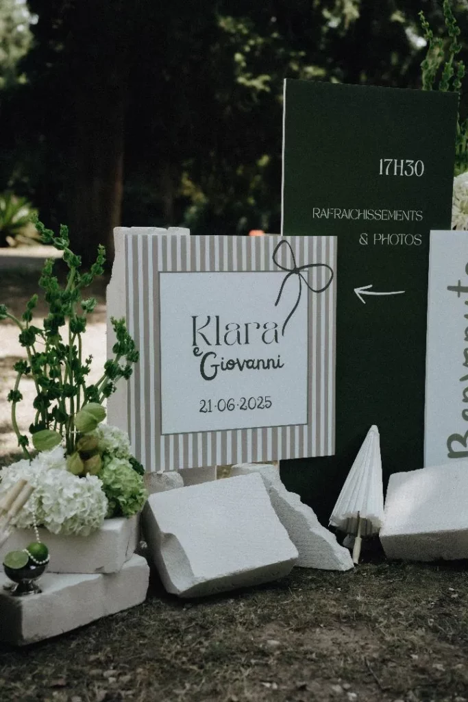Panneau directionnel élégant Prestations de décoration de mariage moderne en Provence design sur mesure