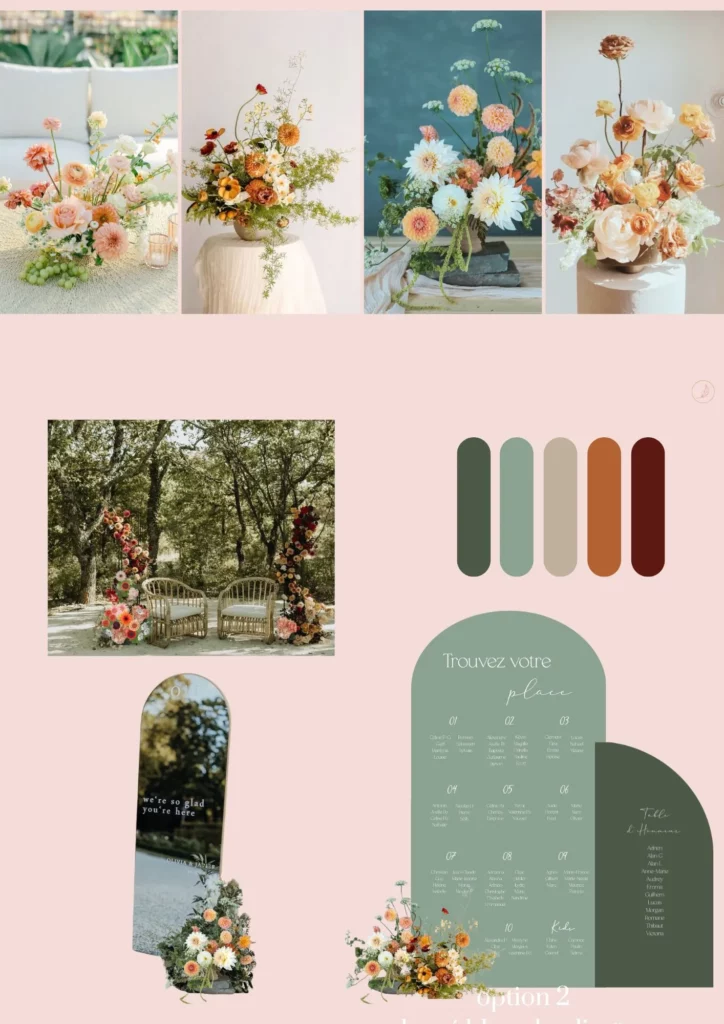 Croquis et moodboard pour une scénographie de mariage élégante en Provence